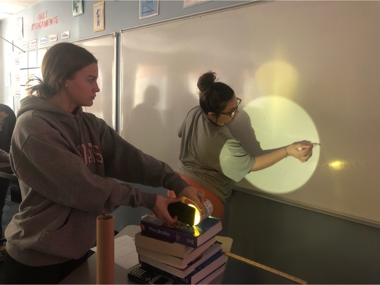Geometry students using similar figures to estimate light projections on the wall.