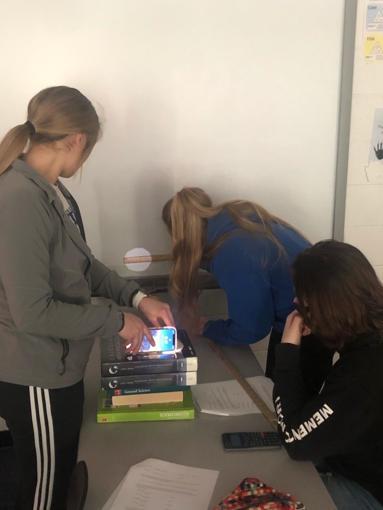 Geometry students using similar figures to estimate light projections on the wall.